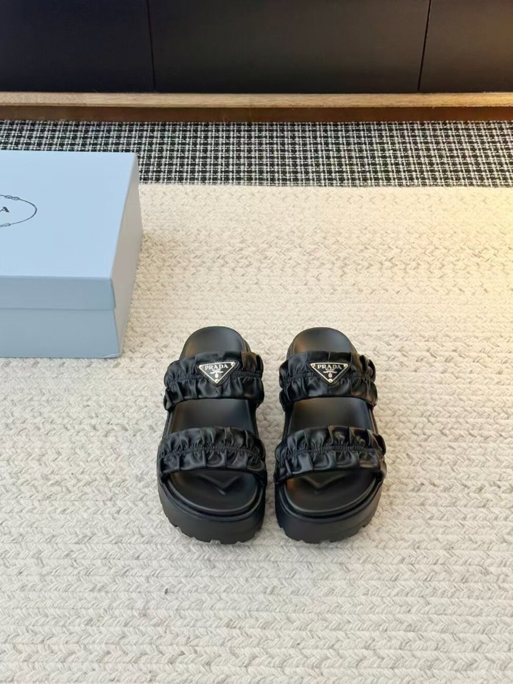 Prada Black Ruched Double Strap Triangle Logo Platform Slide Sandals